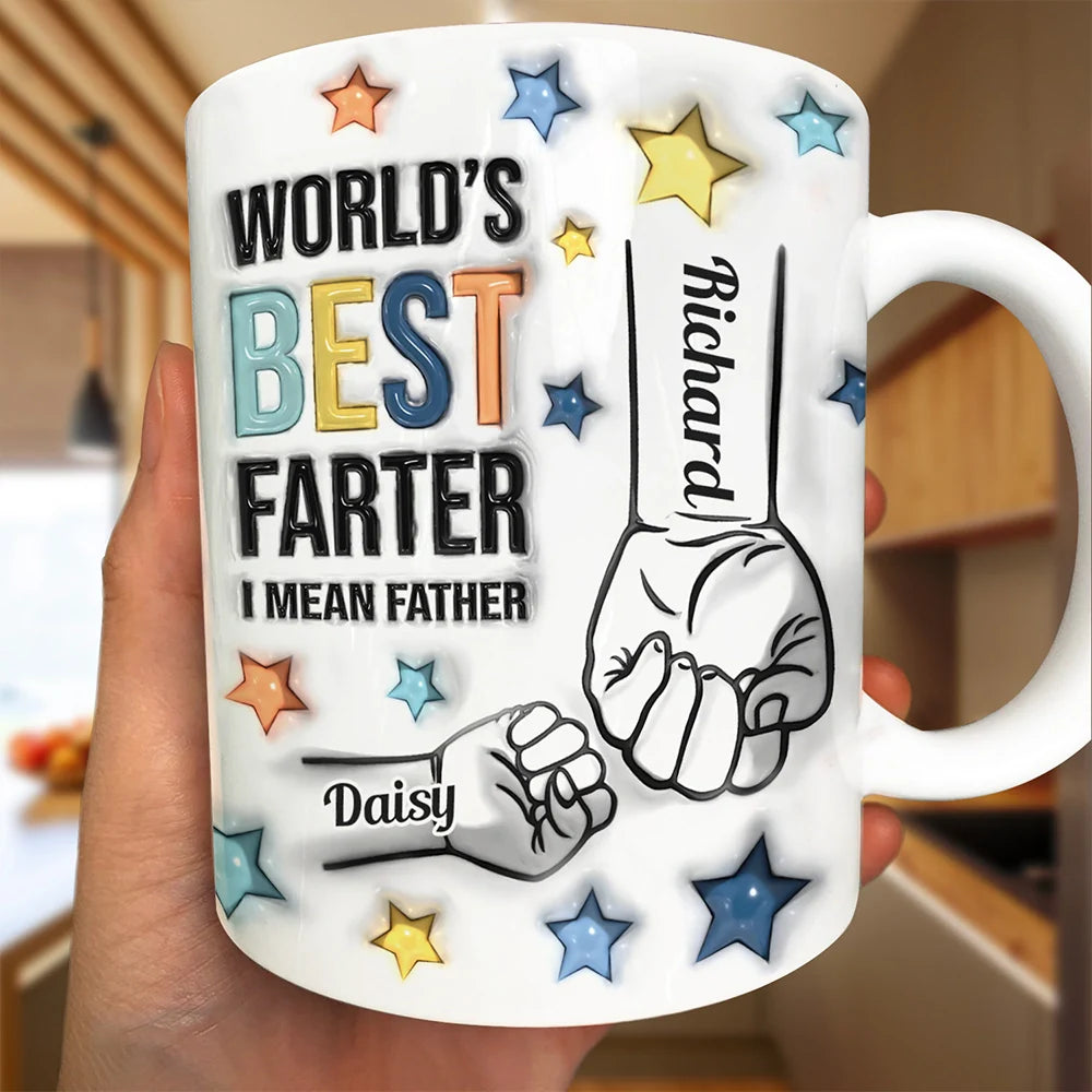 Gift For Father,Dad,Children - Hand Puch Best Farter I Mean Father - 3D Inflated Effect Printed Mug, Personalized White Edge-to-Edge Mug