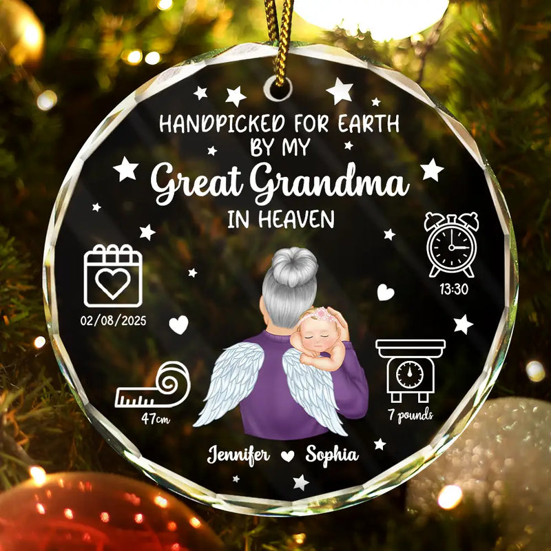 Gift For Grandparents,Gift For Grandpa,Gift For Grandma,Love,New baby,Family - Handpicked For Earth By My Great Grandma Granpa In Heaven - Personalized Circle Glass Ornament