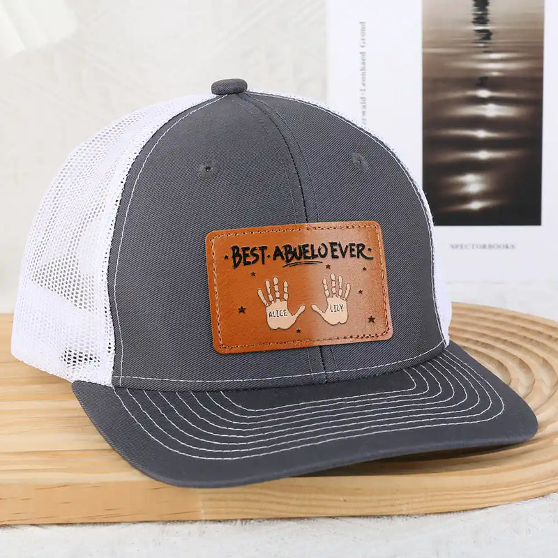 Gift For Father,Gift For Grandpa - Handprints Best Dad Ever - Personalized Leather Patch Hat