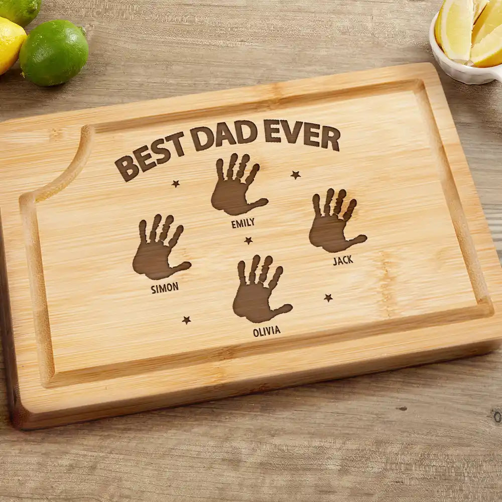 Gift For Husband,Gift For Men,Gift For Yourself,Gift For Grandpa,Gift For Father,Happy,Cooking - Handprints Best Dad Grandpa Papa Ever - Personalized Wooden Cutting Board