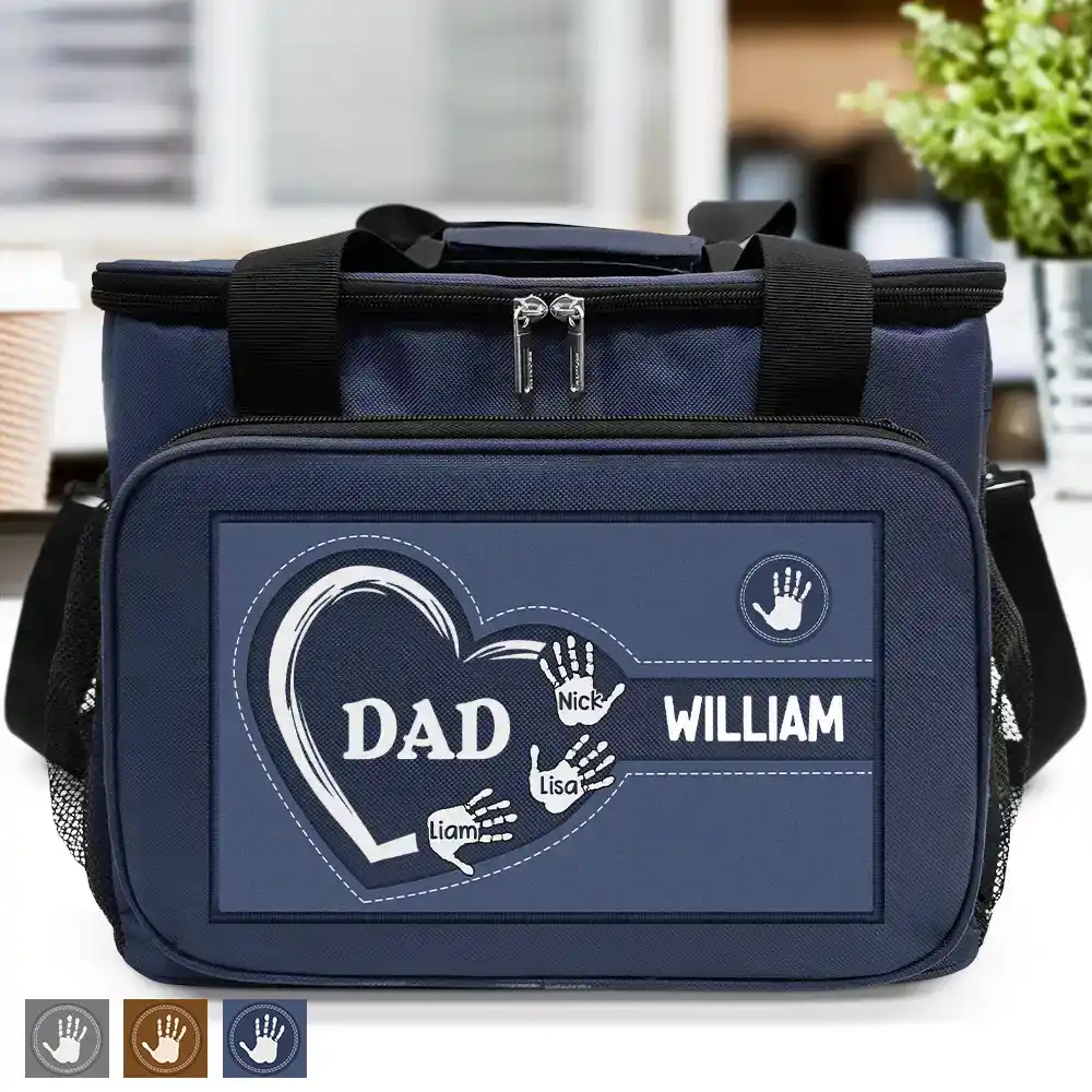 Handprints Grandpa Dad Kids - Embroidery Effect Printed, Personalized Lunch Bag, Cooling Tote