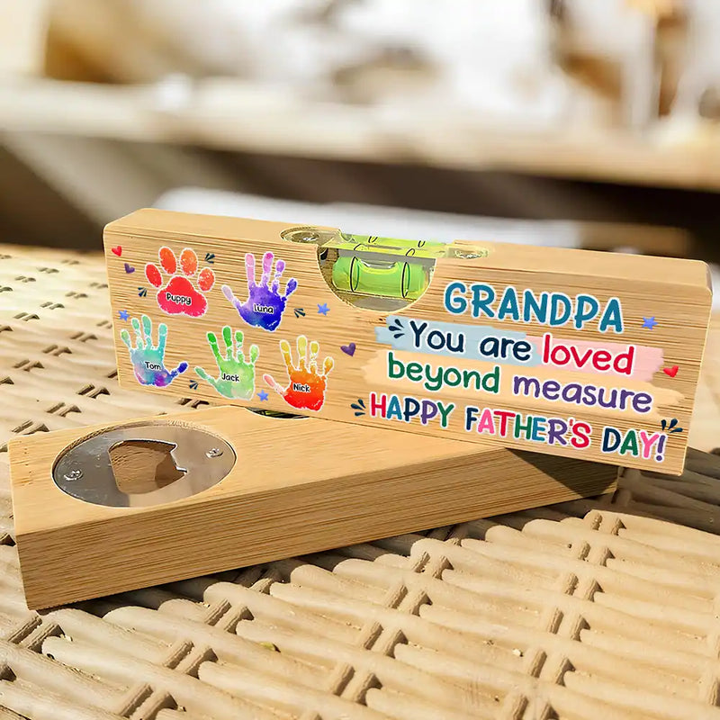 Gift For Father,Gift For Grandpa,Top Market,Icon,Grateful - Handprints Pawprints You Are Loved Beyond Measure - Personalized Bottle Opener Wood Level