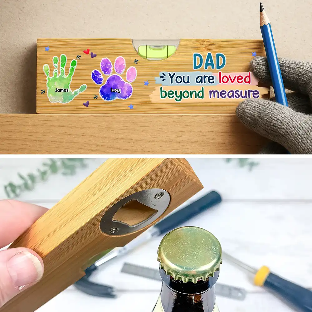 Gift For Father,Gift For Grandpa,Top Market,Icon,Grateful - Handprints Pawprints You Are Loved Beyond Measure - Personalized Bottle Opener Wood Level