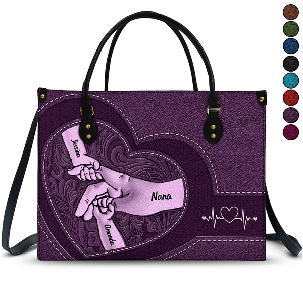 Gift For Grandma,Grandma,Grandkids,Gift For Mother - Hands In Hands Mom Nana And Children - Personalized Leather Bag
