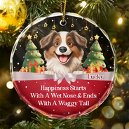 Dog Lovers, Dog Mom, Dog Dad, Dog Couple - Happiness Starts With A Wet Nose & Ends With A Waggy Tail - Personalized Circle Glass Ornament