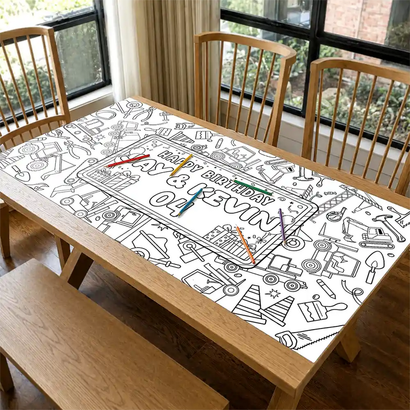 Playful,Back To School,Gift For Kids,Icon,Custom Text - Happy Birthday For Boy Girl - Personalized Coloring Tablecloth