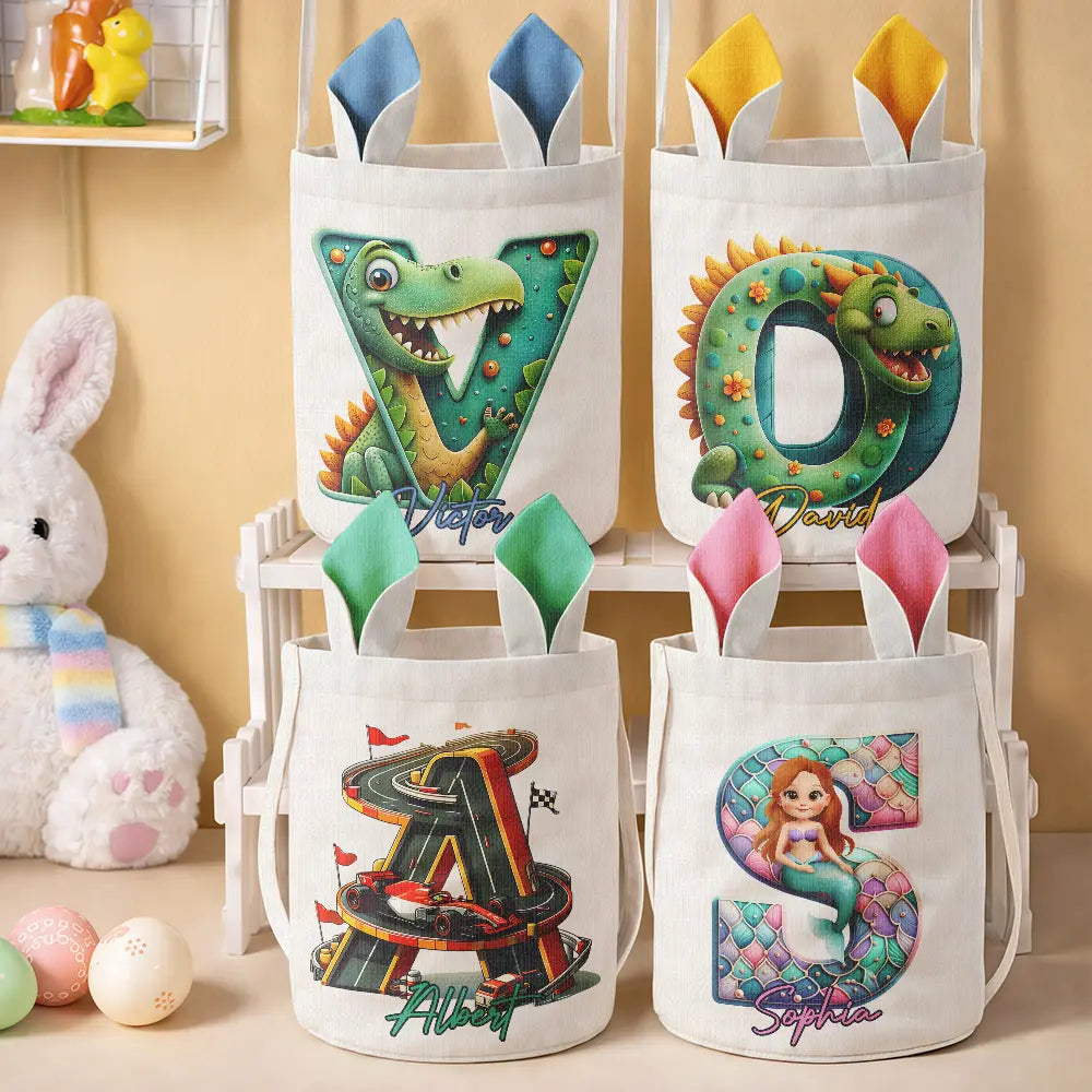 Gift For Kids,Grandma - Grandkids,Gift For Grandkids,Dad - Children,Mom - Children,Easter,Happy - Happy Easter 3D Race Car Truck Dinosaur Mermaid Alphabet - Personalized Bunny Ears Bucket Bag