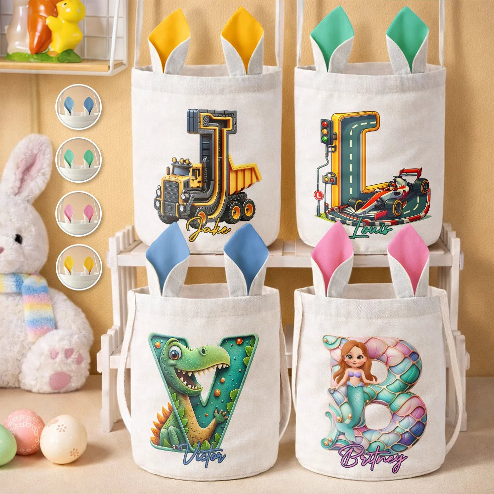 Happy Easter 3D Race Car Truck Dinosaur Mermaid Alphabet - Personalized Bunny Ears Bucket Bag