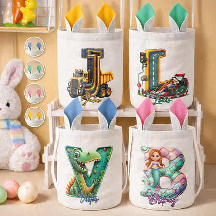 Happy Easter 3D Race Car Truck Dinosaur Mermaid Alphabet - Personalized Bunny Ears Bucket Bag