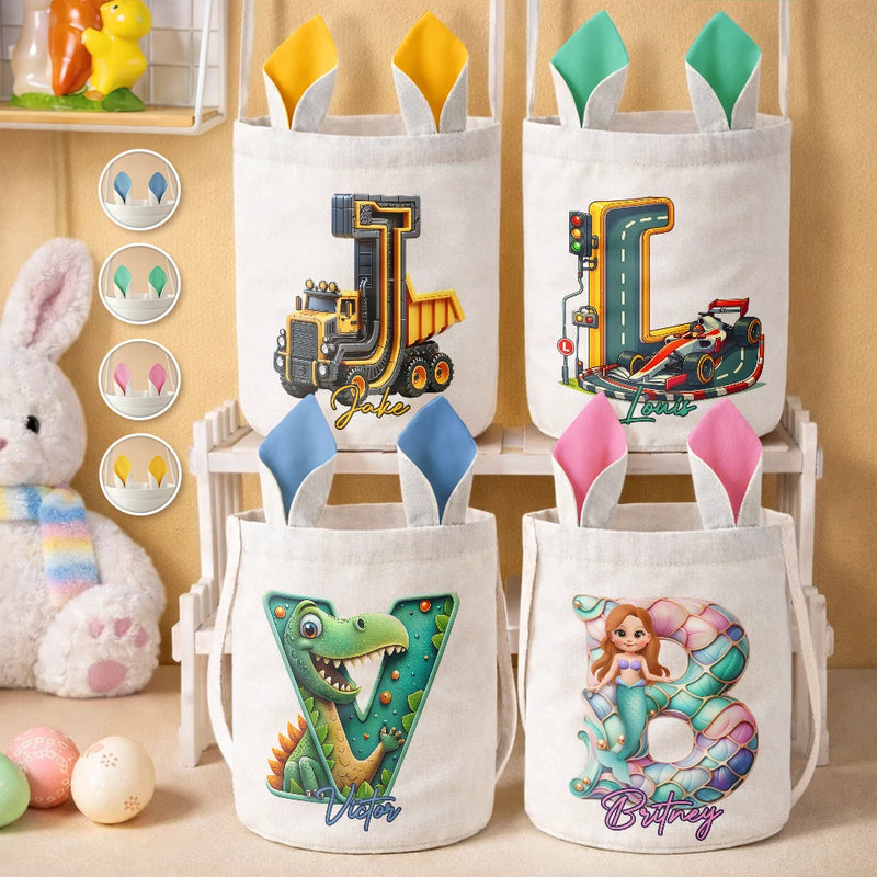 Gift For Kids,Grandma - Grandkids,Gift For Grandkids,Dad - Children,Mom - Children,Easter,Happy - Happy Easter 3D Race Car Truck Dinosaur Mermaid Alphabet - Personalized Bunny Ears Bucket Bag