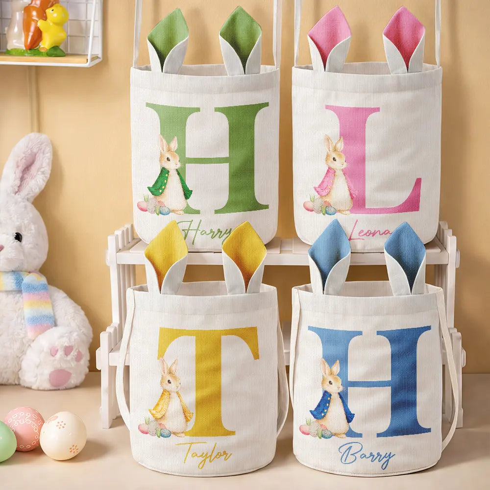 Gift For Kids,Grandma - Grandkids,Gift For Grandkids,Dad - Children,Mom - Children,Easter,Happy - Happy Easter Cute Rabbit Initial - Personalized Bunny Ears Bucket Bag