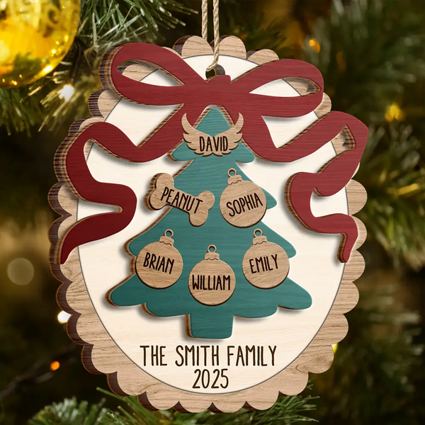 Family, Gift For Sibling, Gift For Sisters, Gift For Brothers, Love, Christmas, Pet Lovers, Parents, Gift For Grandparents - Happy Family Bow Tree - Personalized 2-Layered Wooden Ornament