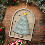 Christmas, Family, Parents, Gift For Grandparents, Happy, Gift For Sibling - Happy Family Christmas Tree - Personalized 2-Layered Wooden Ornament
