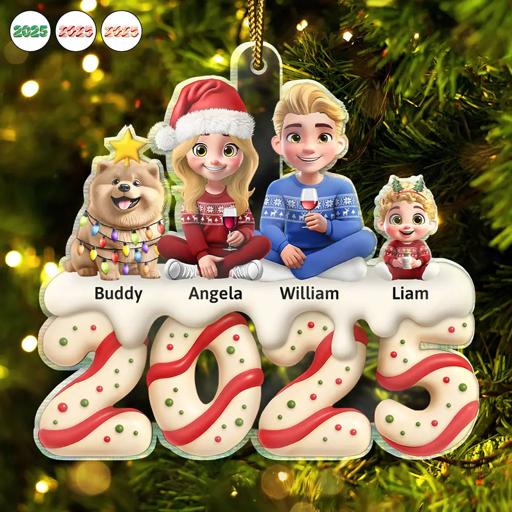Happy Family Kid Dog Cat Christmas Tree Cake - Personalized Custom Shaped Acrylic Ornament