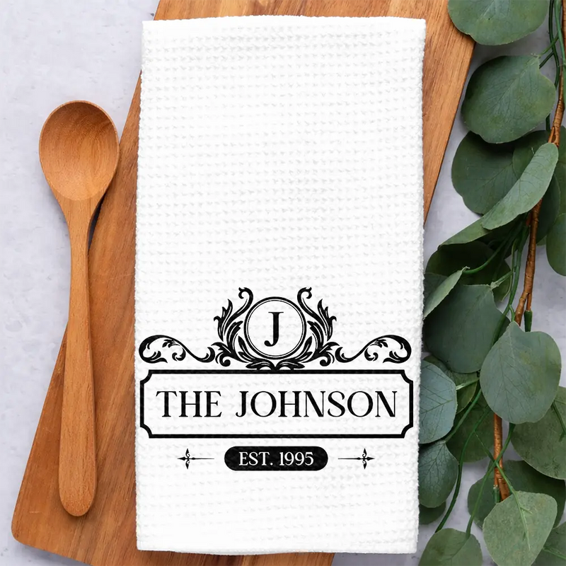 Happy, Gift For Couples, Gift For Wife, Parents, Gift For Mother, Family, Gift For Grandma - Happy Family Monogram - Personalized Kitchen Towel