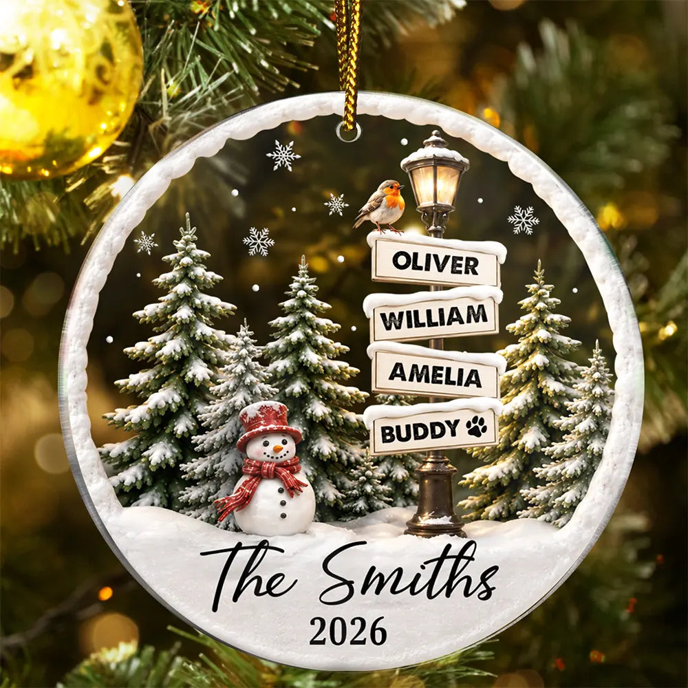 Christmas,Cozy,Family,Custom Text - Happy Family Name Snowman - Personalized Circle Acrylic Ornament