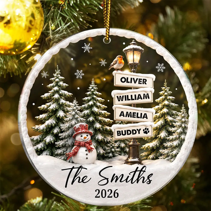 Christmas,Cozy,Family,Custom Text - Happy Family Name Snowman - Personalized Circle Acrylic Ornament