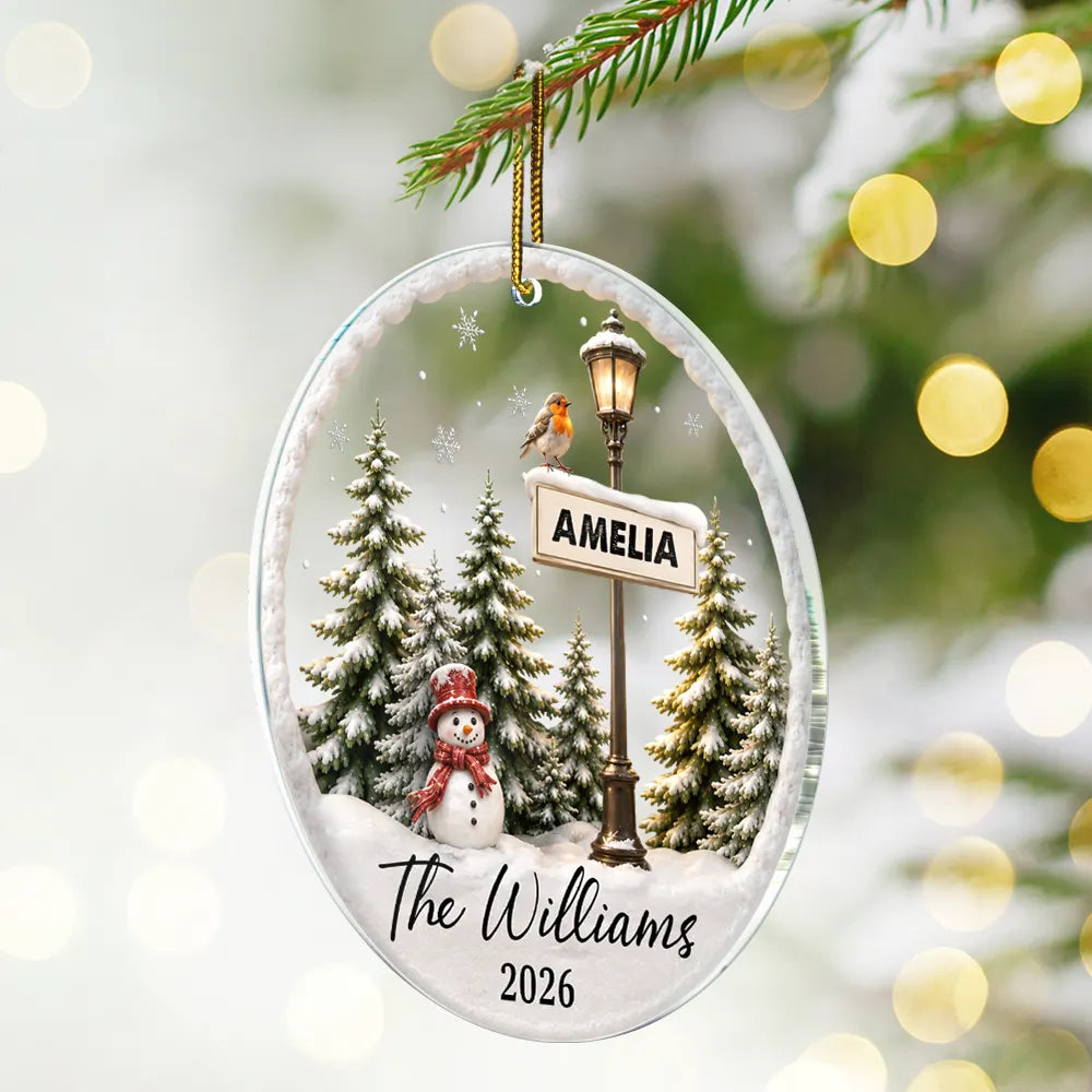 Christmas,Cozy,Family,Custom Text - Happy Family Name Snowman - Personalized Circle Acrylic Ornament