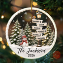 Christmas,Cozy,Family,Custom Text - Happy Family Name Snowman - Personalized Circle Acrylic Ornament