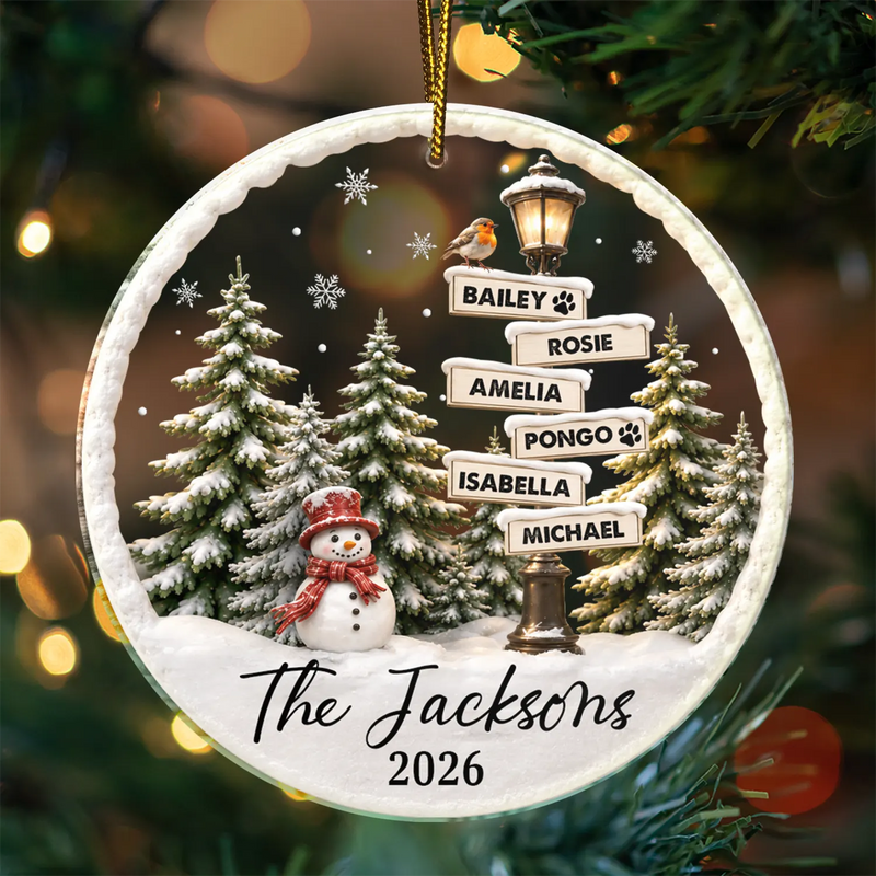 Christmas,Cozy,Family,Custom Text - Happy Family Name Snowman - Personalized Circle Acrylic Ornament