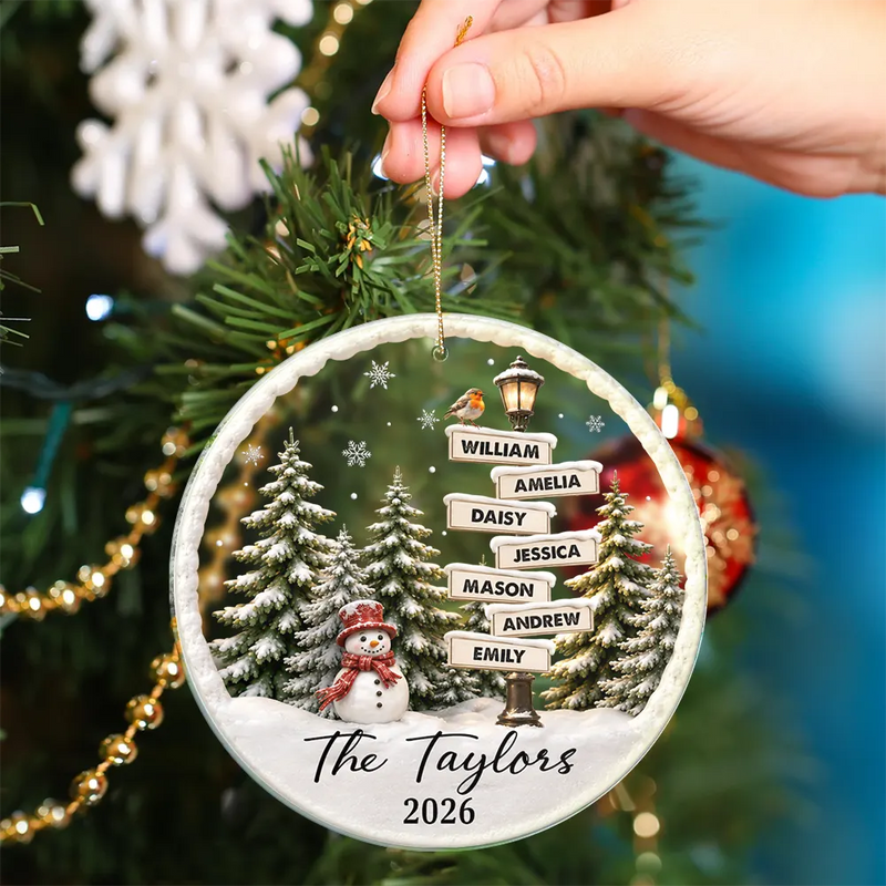Christmas,Cozy,Family,Custom Text - Happy Family Name Snowman - Personalized Circle Acrylic Ornament