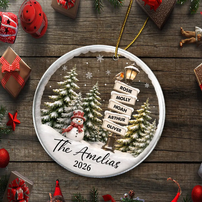 Christmas,Cozy,Family,Custom Text - Happy Family Name Snowman - Personalized Circle Acrylic Ornament