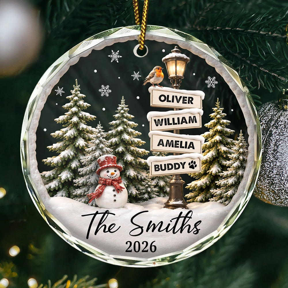 Christmas,Cozy,Family,Custom Text - Happy Family Name Snowman - Personalized Circle Glass Ornament