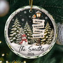 Christmas,Cozy,Family,Custom Text - Happy Family Name Snowman - Personalized Circle Glass Ornament