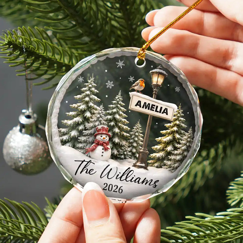 Christmas,Cozy,Family,Custom Text - Happy Family Name Snowman - Personalized Circle Glass Ornament