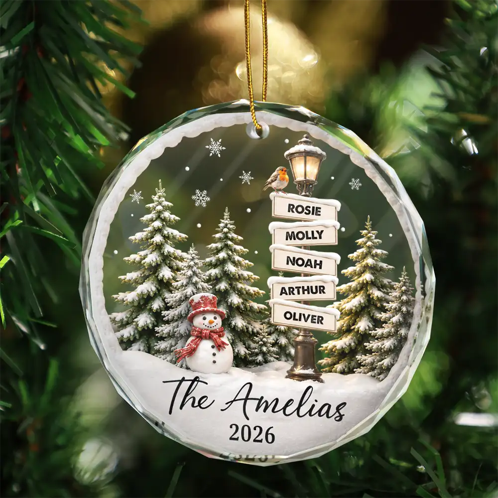 Christmas,Cozy,Family,Custom Text - Happy Family Name Snowman - Personalized Circle Glass Ornament