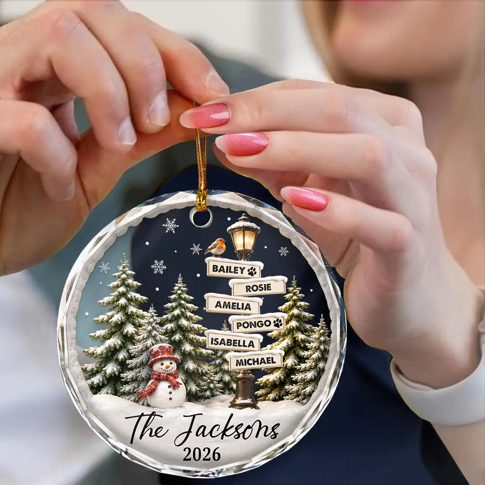 Christmas,Cozy,Family,Custom Text - Happy Family Name Snowman - Personalized Circle Glass Ornament