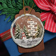 Christmas,Cozy,Family,Custom Text - Happy Family Name Snowman - Personalized Circle Glass Ornament