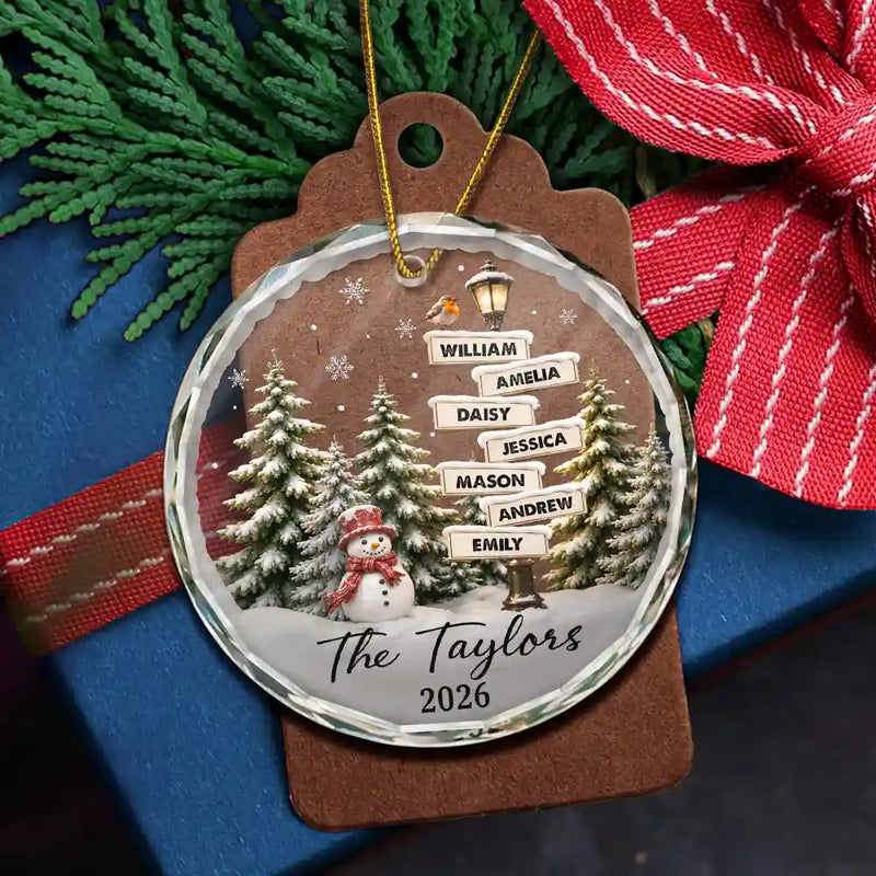 Christmas,Cozy,Family,Custom Text - Happy Family Name Snowman - Personalized Circle Glass Ornament