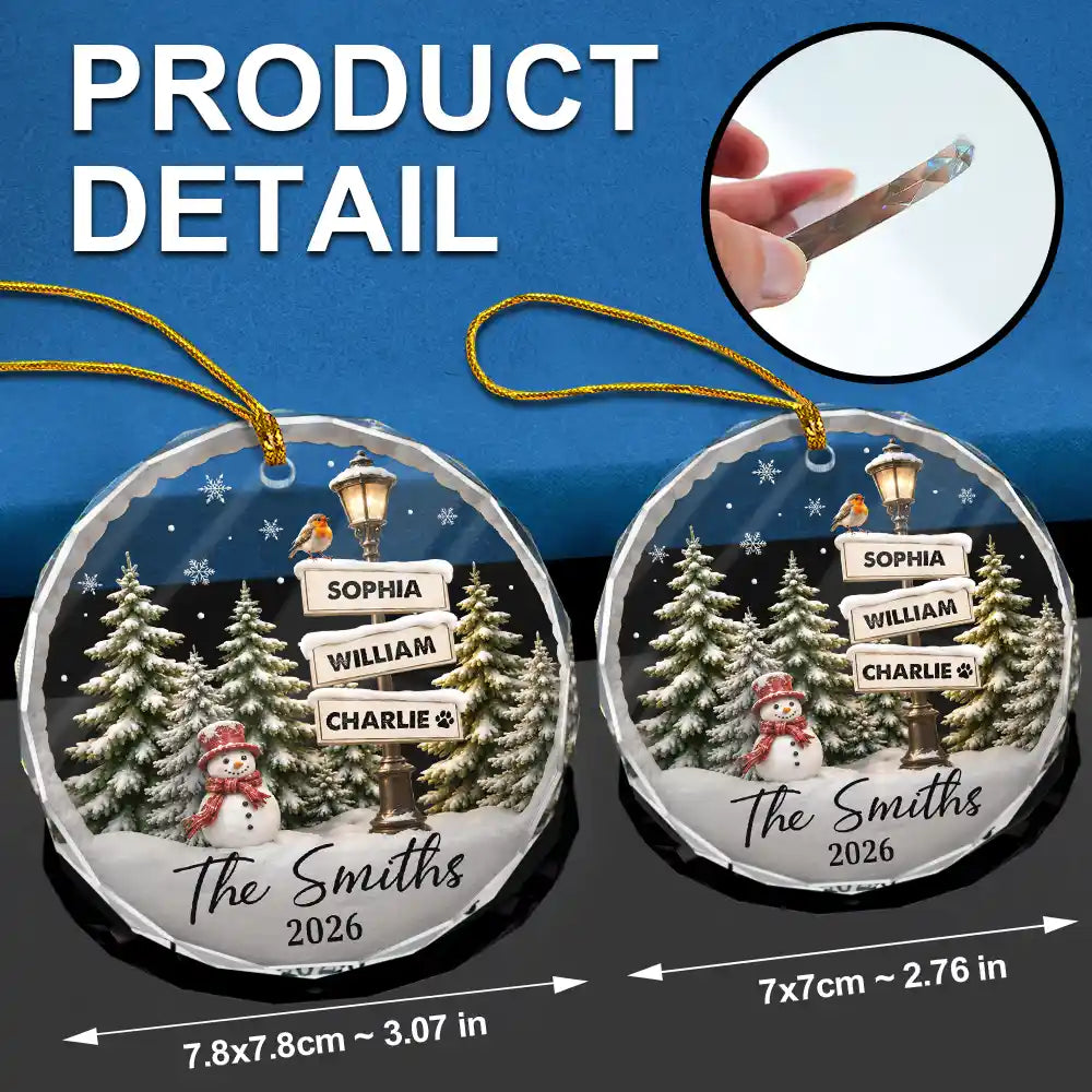 Christmas,Cozy,Family,Custom Text - Happy Family Name Snowman - Personalized Circle Glass Ornament