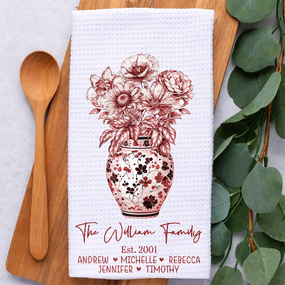 Gift For Wife,Gift For Mother,Gift For Grandma,Happy,Family,Gift For Women - Happy Family Toile Birth Flower Vase - Personalized Kitchen Towel