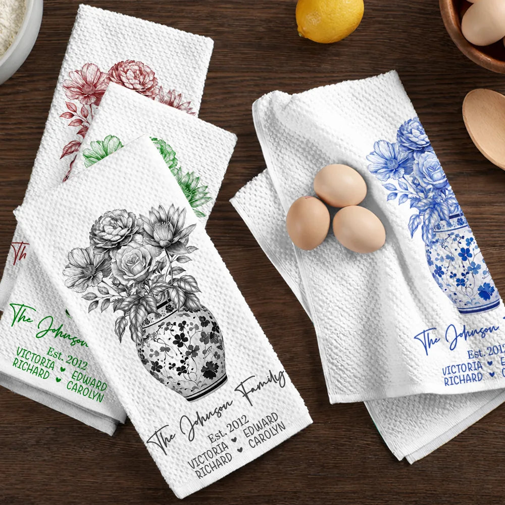 Gift For Wife,Gift For Mother,Gift For Grandma,Happy,Family,Gift For Women - Happy Family Toile Birth Flower Vase - Personalized Kitchen Towel