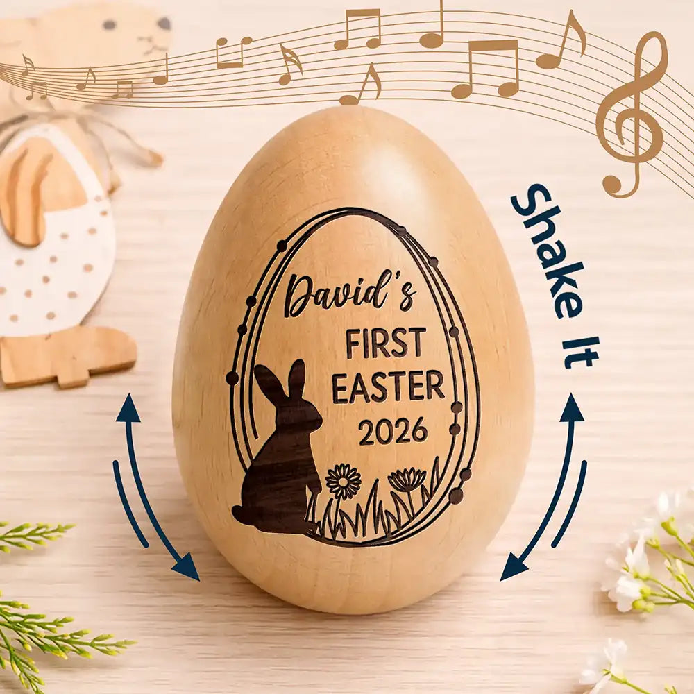 Easter,Gift For Kids,Gift For Grandkids,Grandma - Grandkids,Grandpa - Grandkids,Dad - Children,Mom - Children,Happy - Happy First Easter - Personalized Musical Wooden Easter Egg Shaker
