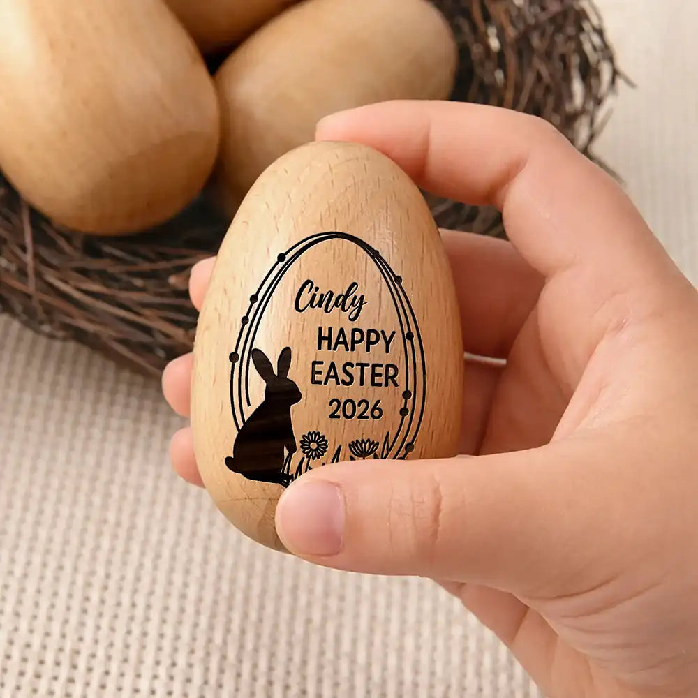 Easter,Gift For Kids,Gift For Grandkids,Grandma - Grandkids,Grandpa - Grandkids,Dad - Children,Mom - Children,Happy - Happy First Easter - Personalized Musical Wooden Easter Egg Shaker