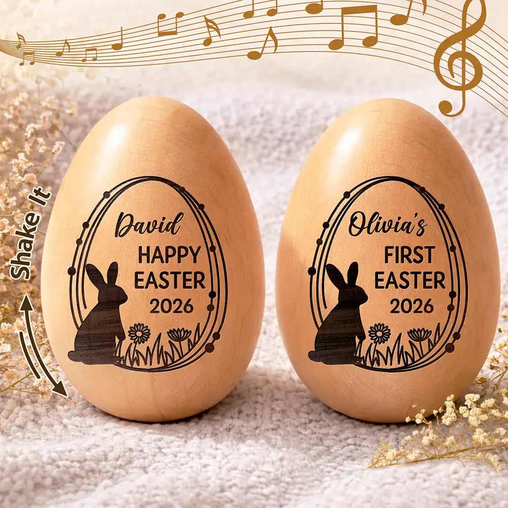 Easter,Gift For Kids,Gift For Grandkids,Grandma - Grandkids,Grandpa - Grandkids,Dad - Children,Mom - Children,Happy - Happy First Easter - Personalized Musical Wooden Easter Egg Shaker