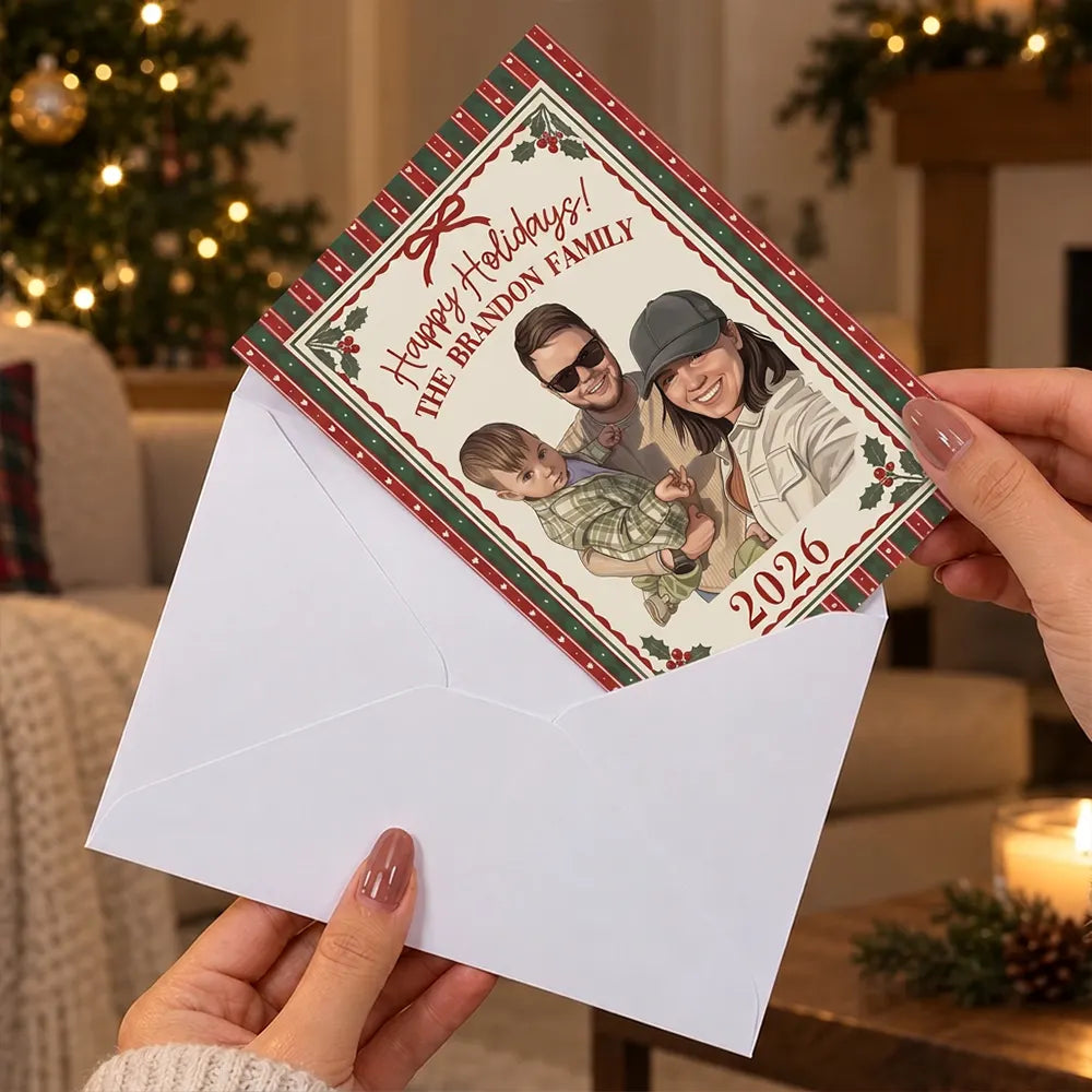 Art Design,Christmas,Custom Photo,Family,Photo - Semi Realistic Portrait,Sentimental - Happy Holidays, Merry Christmas Gift For Family, Grandparents, Friends - Personalized Custom Photo Semi Realistic Portrait Cards