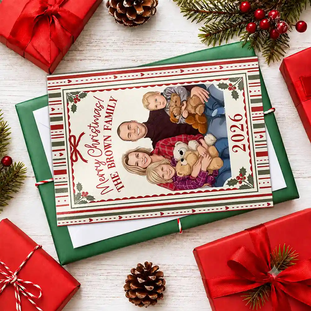 Art Design,Christmas,Custom Photo,Family,Photo - Semi Realistic Portrait,Sentimental - Happy Holidays, Merry Christmas Gift For Family, Grandparents, Friends - Personalized Custom Photo Semi Realistic Portrait Cards