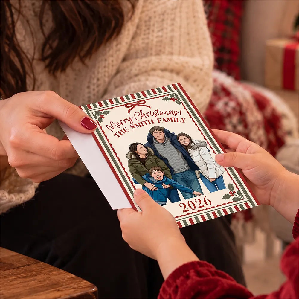 Art Design,Christmas,Custom Photo,Family,Photo - Semi Realistic Portrait,Sentimental - Happy Holidays, Merry Christmas Gift For Family, Grandparents, Friends - Personalized Custom Photo Semi Realistic Portrait Cards