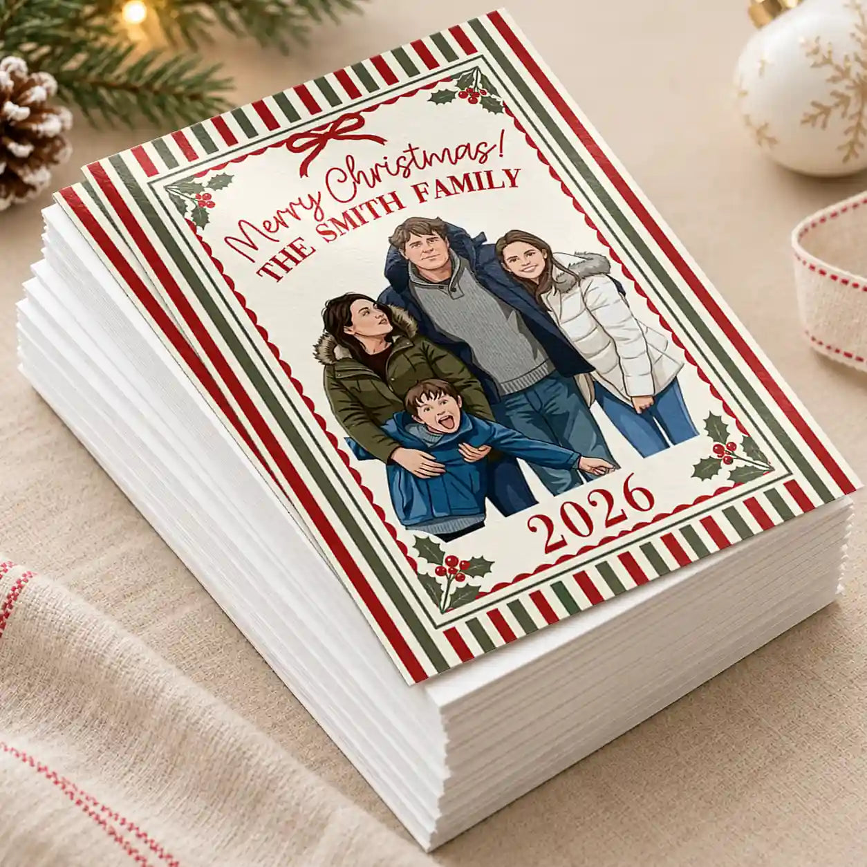 Art Design,Christmas,Custom Photo,Family,Photo - Semi Realistic Portrait,Sentimental - Happy Holidays, Merry Christmas Gift For Family, Grandparents, Friends - Personalized Custom Photo Semi Realistic Portrait Cards