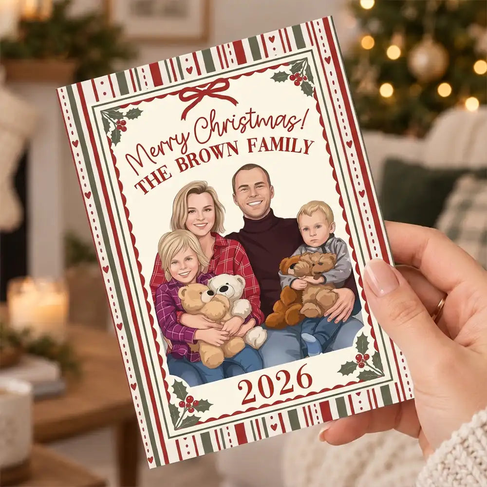 Art Design,Christmas,Custom Photo,Family,Photo - Semi Realistic Portrait,Sentimental - Happy Holidays, Merry Christmas Gift For Family, Grandparents, Friends - Personalized Custom Photo Semi Realistic Portrait Cards