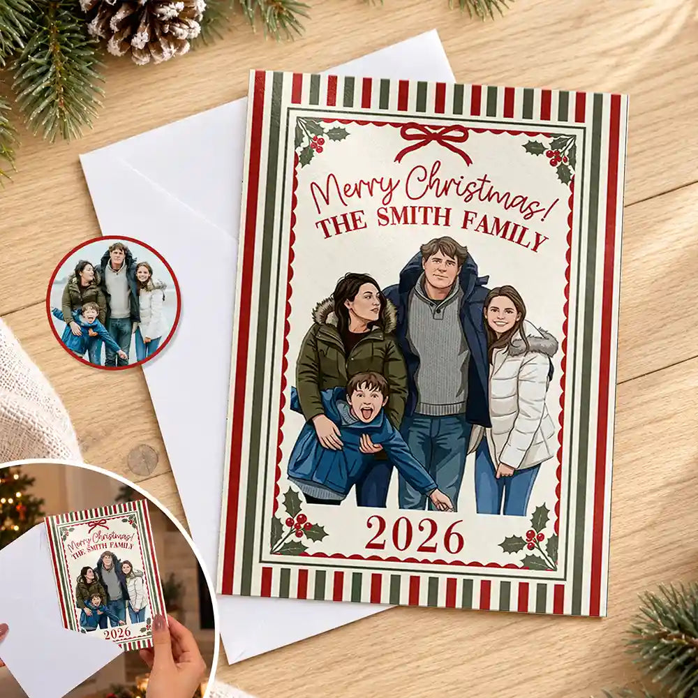 Art Design,Christmas,Custom Photo,Family,Photo - Semi Realistic Portrait,Sentimental - Happy Holidays, Merry Christmas Gift For Family, Grandparents, Friends - Personalized Custom Photo Semi Realistic Portrait Cards