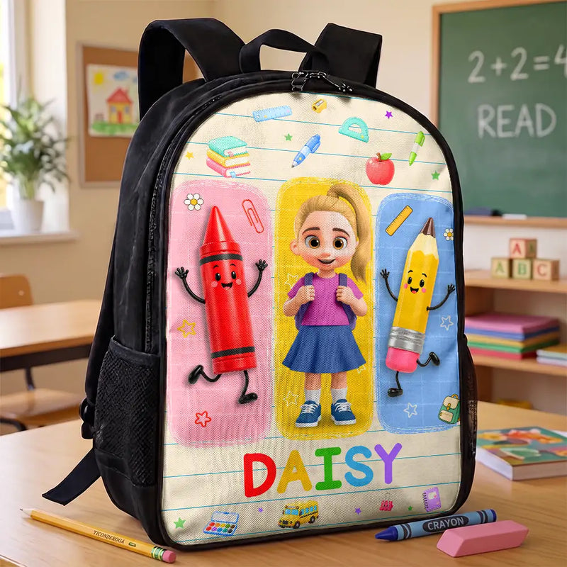 Adorable,Back To School,Gift For Kids,Vector - Happy Kid With School Supplies - Personalized Kids Backpack