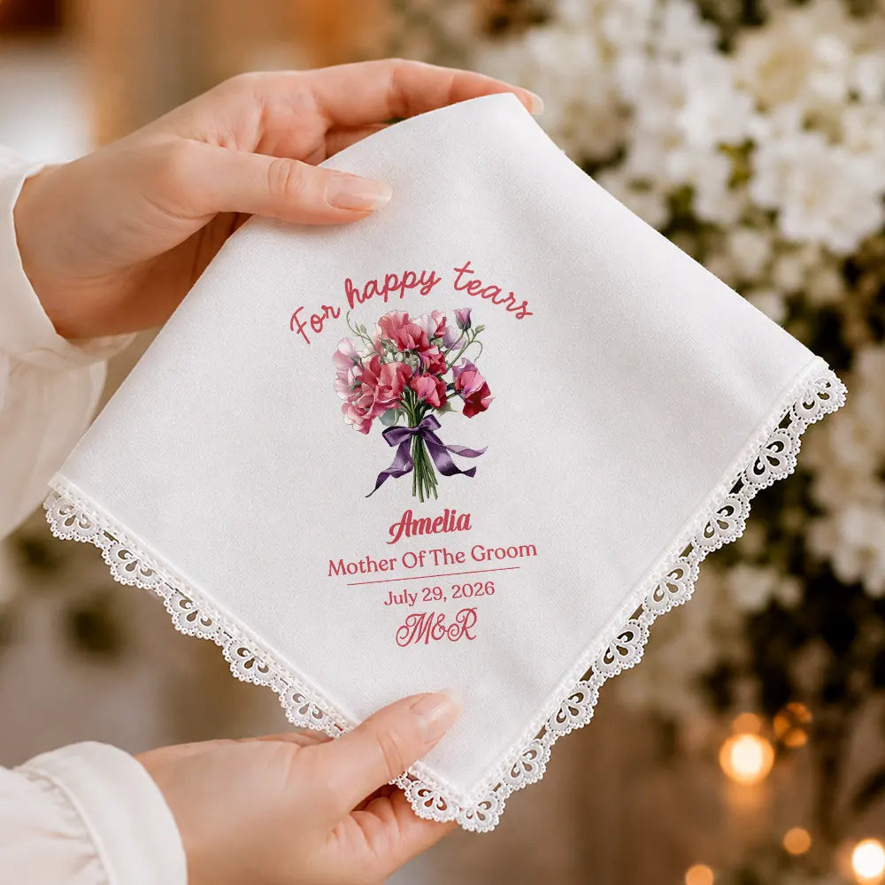 Sentimental,Gift For Yourself,Gift For Women,Wedding,Icon,Monogram - Happy Tears Birth Flower Bridesmaid Mother Of Bride Groom Monogram - Personalized Handkerchief