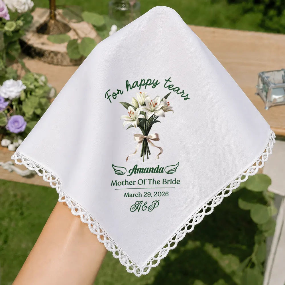 Sentimental,Gift For Yourself,Gift For Women,Wedding,Icon,Monogram - Happy Tears Birth Flower Bridesmaid Mother Of Bride Groom Monogram - Personalized Handkerchief