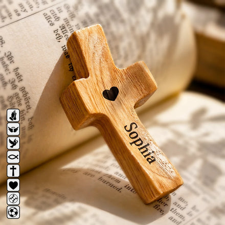 Heart Baseball Soccer Ball And Name - Personalized Wooden Pocket Prayer Cross
