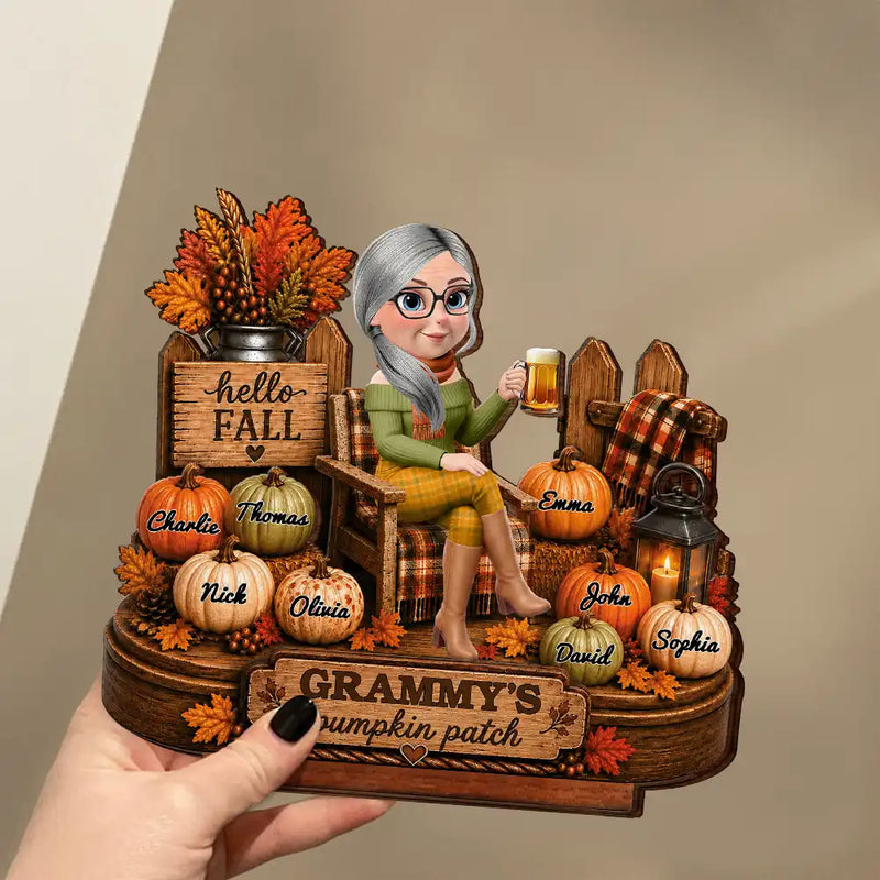 Gift For Grandchildren,Gift For Grandkids,Gift For Grandma,Cozy,Grandma - Grandkids,Vector - Hello Fall Grandma's Pumpkin Patch - Personalized Custom Shaped Wooden Plaque